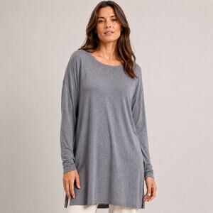 Eileen Fisher Tunic Long Sleeve Top Womens Small Grey Stretch Jersey Soft Basic